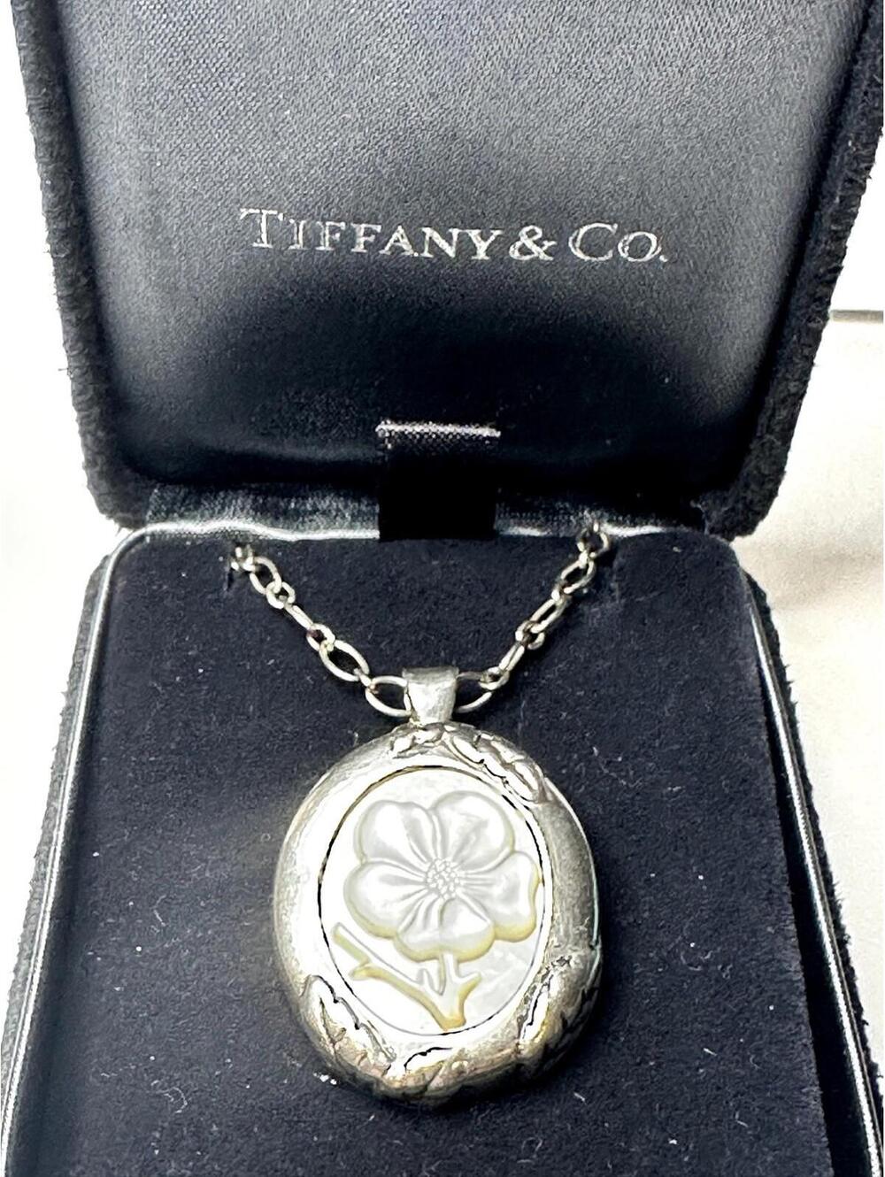Tiffany & Co. Mother of Pearl Flower Pin Brooch Pendant Necklace 18-20" Sterling